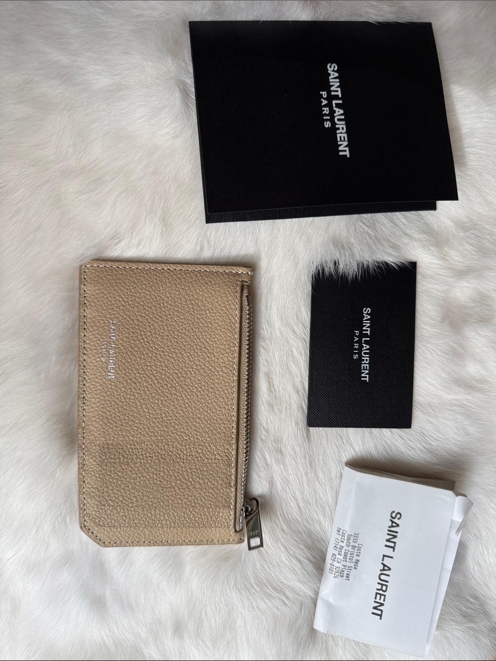 Authentic Saint Laurent Tan Leather Zip Holder Silver Fragments zipped card case